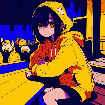 03998-1355978382-, EyestrainColors, drawing of a girl wearing a yellow hoodie looking cool as hell, sad melancholy, sitting in a dark room.png